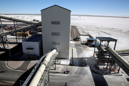 A view of a portion of an industrial plant for potassium chloride, a product that is extracted from brine under a programme developed by Bolivia to produce lithium, before its inauguration in Llipi on the salt lake of Uyuni, Potosi, Bolivia, October 7, 2018, REUTERS/David Mercado