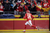 Kansas City Chiefs' Sammy Watkins catches a touchdown pass during the second half of the NFL AFC Championship football game against the Tennessee Titans Sunday, Jan. 19, 2020, in Kansas City, MO. (AP Photo/Charlie Riedel)