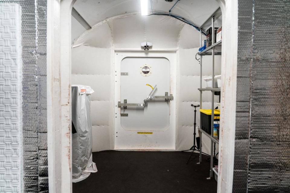 The door for the airlock room is seen inside the Mars Dune Alpha, NASA's simulated Mars habitat, being used as preparations for sending humans to the Red Planet, at the agency's Johnson Space Center in Houston, Texas, U.S. April 11, 2023.