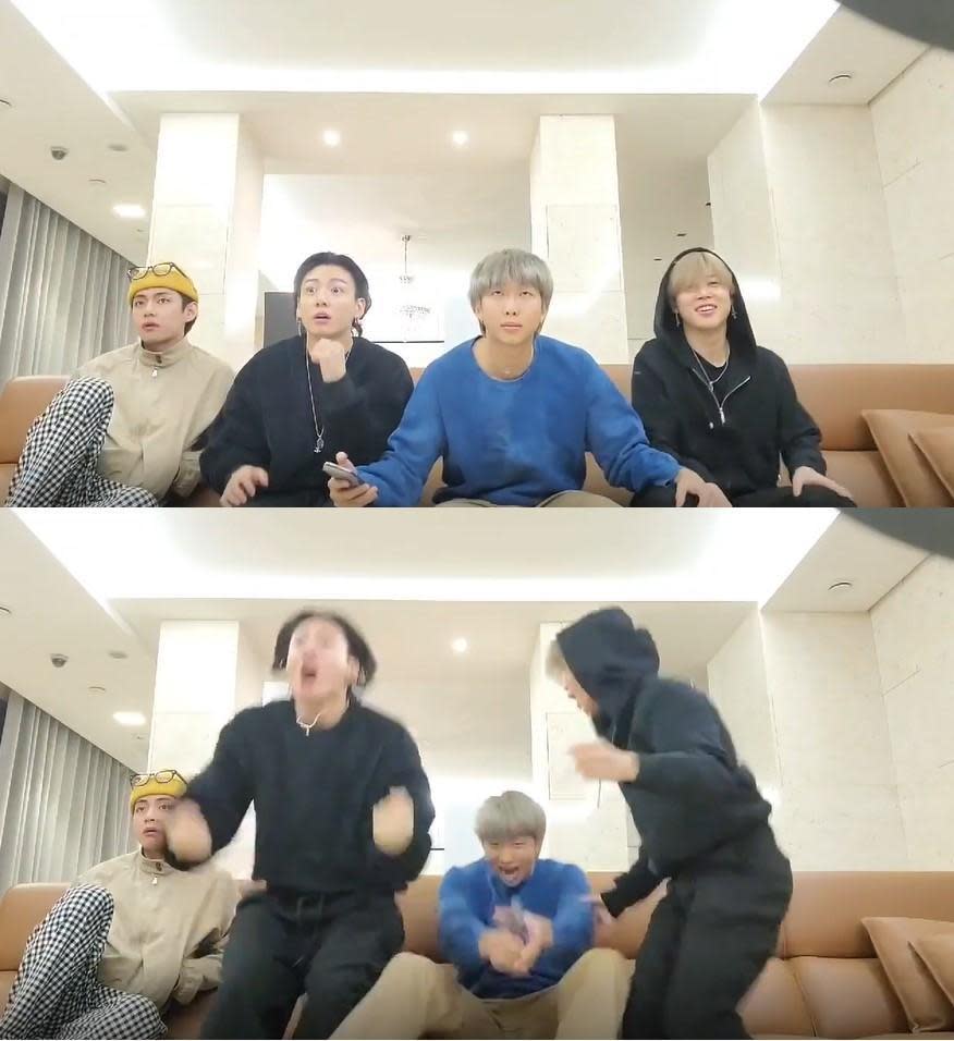 V（左起）、柾國、RM、智旻在家守候葛萊美宣布入圍，聽到BTS的名字興奮跳起來。（翻攝自BTS Twitter）