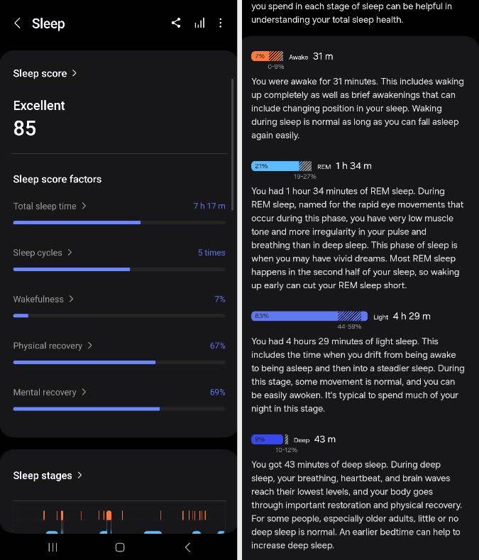 Sleep analyses screenshot including sleep score factors and sleep stages