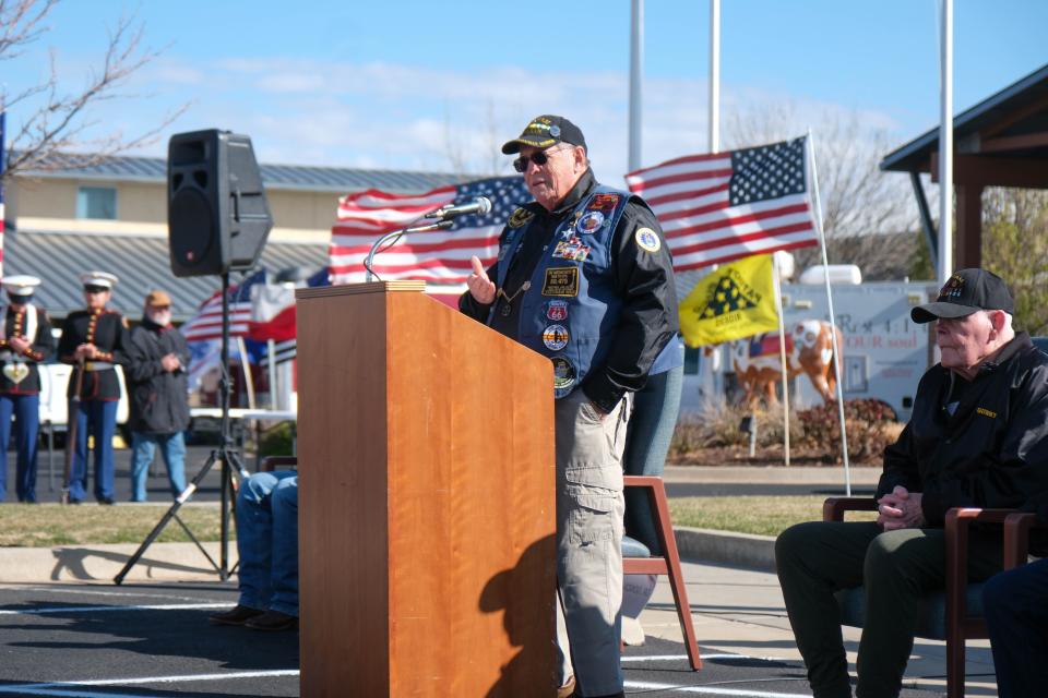 Rick Hatch, USMC Gunnery Sergeant and Vietnam veteran, addresses the crowd at the opening ceremony for the Vietnam Traveling Memorial Wall Wednesday at the Ussery-Roan Texas State Veterans Home in Amarillo.