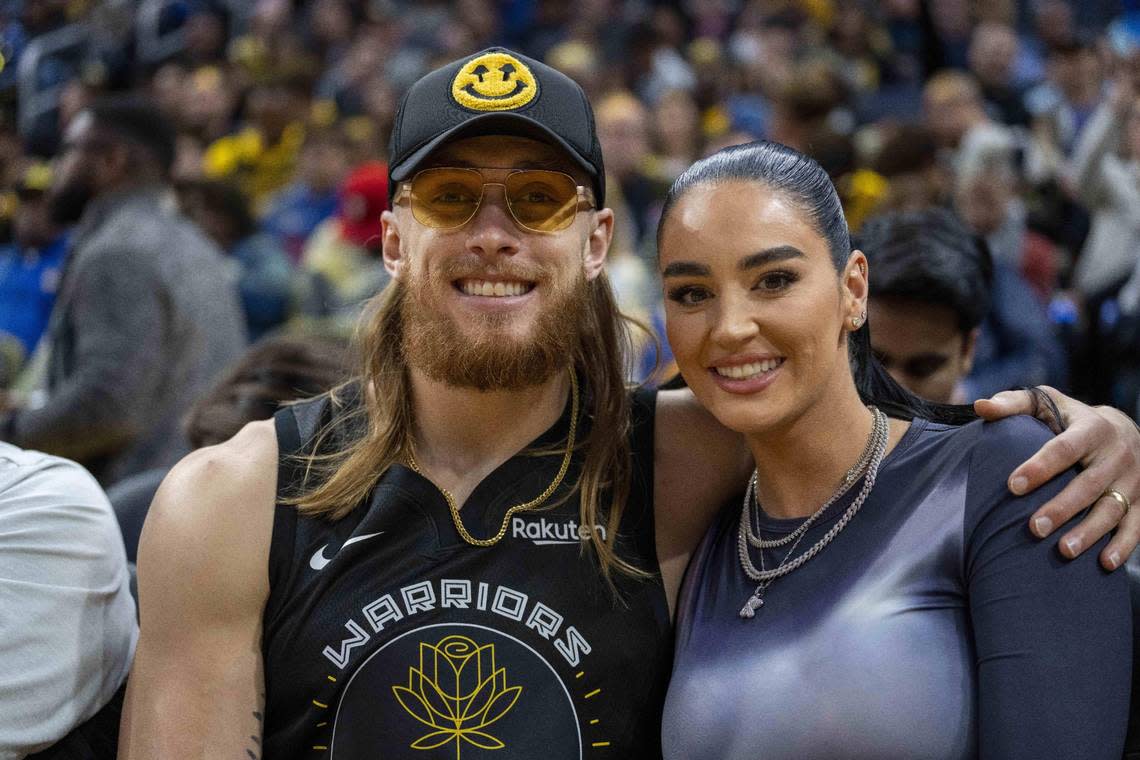 San Francisco 49ers tight end George Kittle and his wife, Claire Kittle, at a Golden State Warriors-Philadelphia 76ers game.