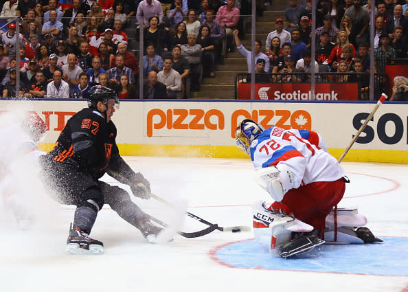 TORONTO, ON - SEPTEMBER 19: Sergei Bobrovsky #72 of Team Russia makes the second period stop on Connor McDavid #97 of Team North America during the World Cup of Hockey tournament at the Air Canada Centre on September 19, 2016 in Toronto, Canada. (Photo by Bruce Bennett/Getty Images)