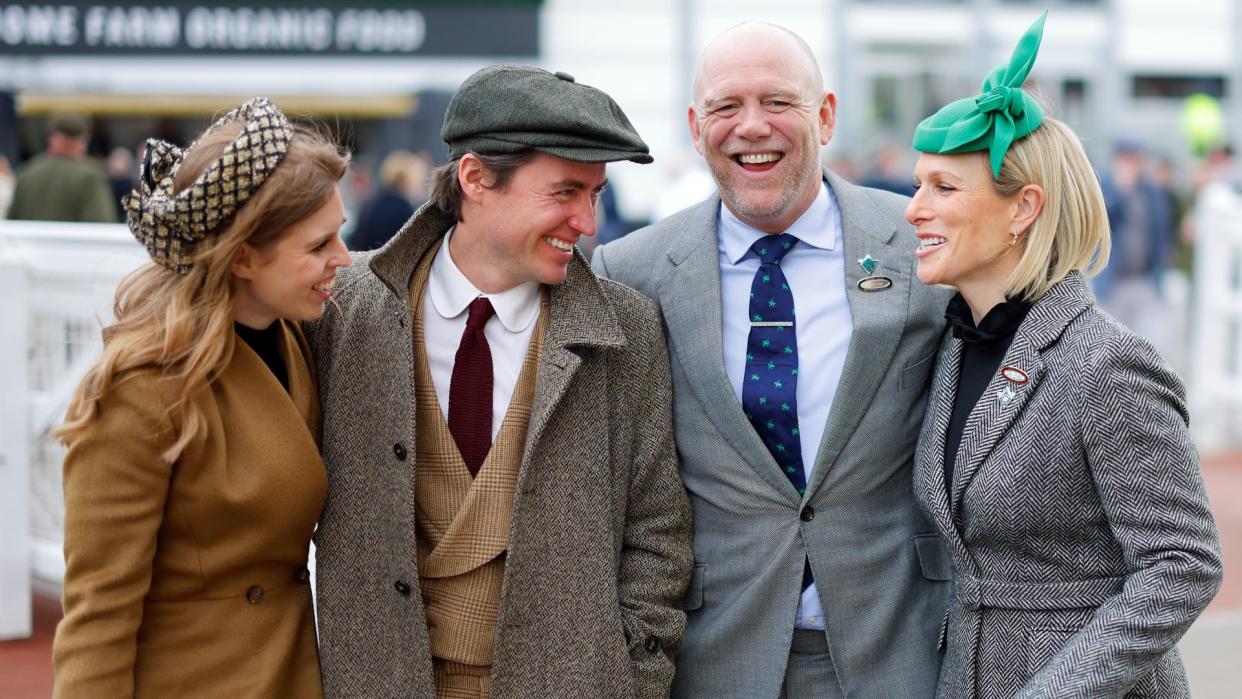 Princess Beatrice, Edoardo Mapelli Mozzi, Mike Tindall and Zara Tindall attend day 3 'St Patrick's Thursday' of the Cheltenham Festival at Cheltenham Racecourse on March 14, 2024 in Cheltenham, England