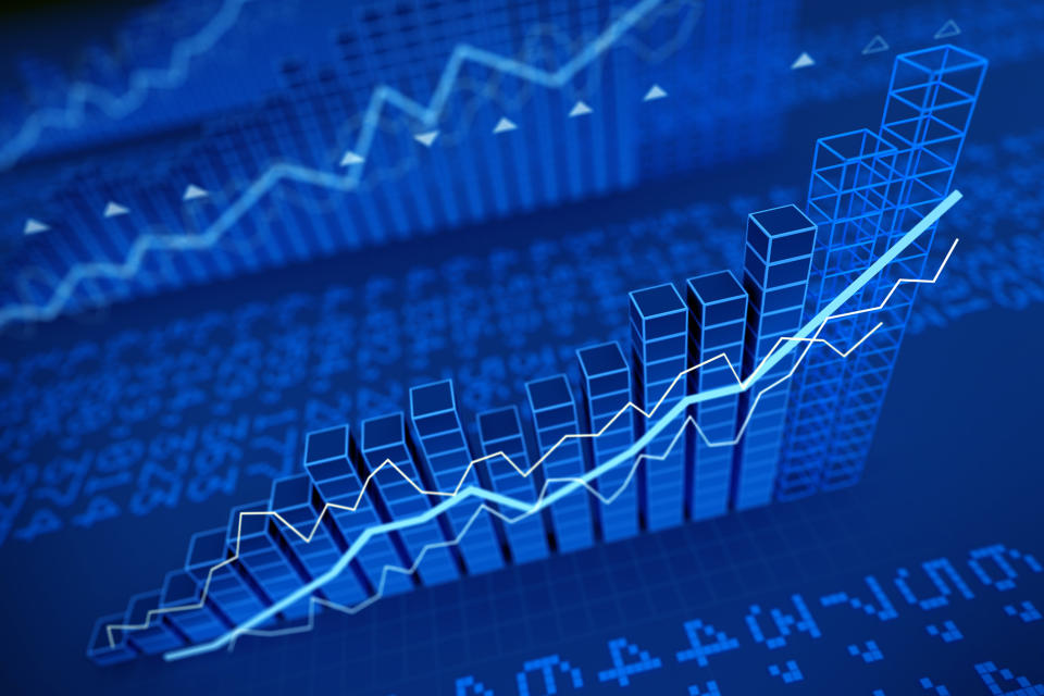 3D illustration of stock market diagrams competing for advance on their way up, among the falling figures. Charts express archive analysis and approximate future forecast values of investments, returns and floating capital all on the running path. (3D