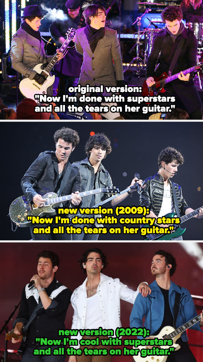 original version" "now I'm done with superstars," new version 2009: "country stars," new version 2022: "Now I'm cool with superstars"