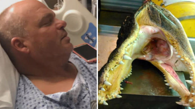 Mark Lahodik sobrevivió al ataque de un cocodrilo en Florida y conservó como recuerdo la cabeza del reptil. (Inside Edition)