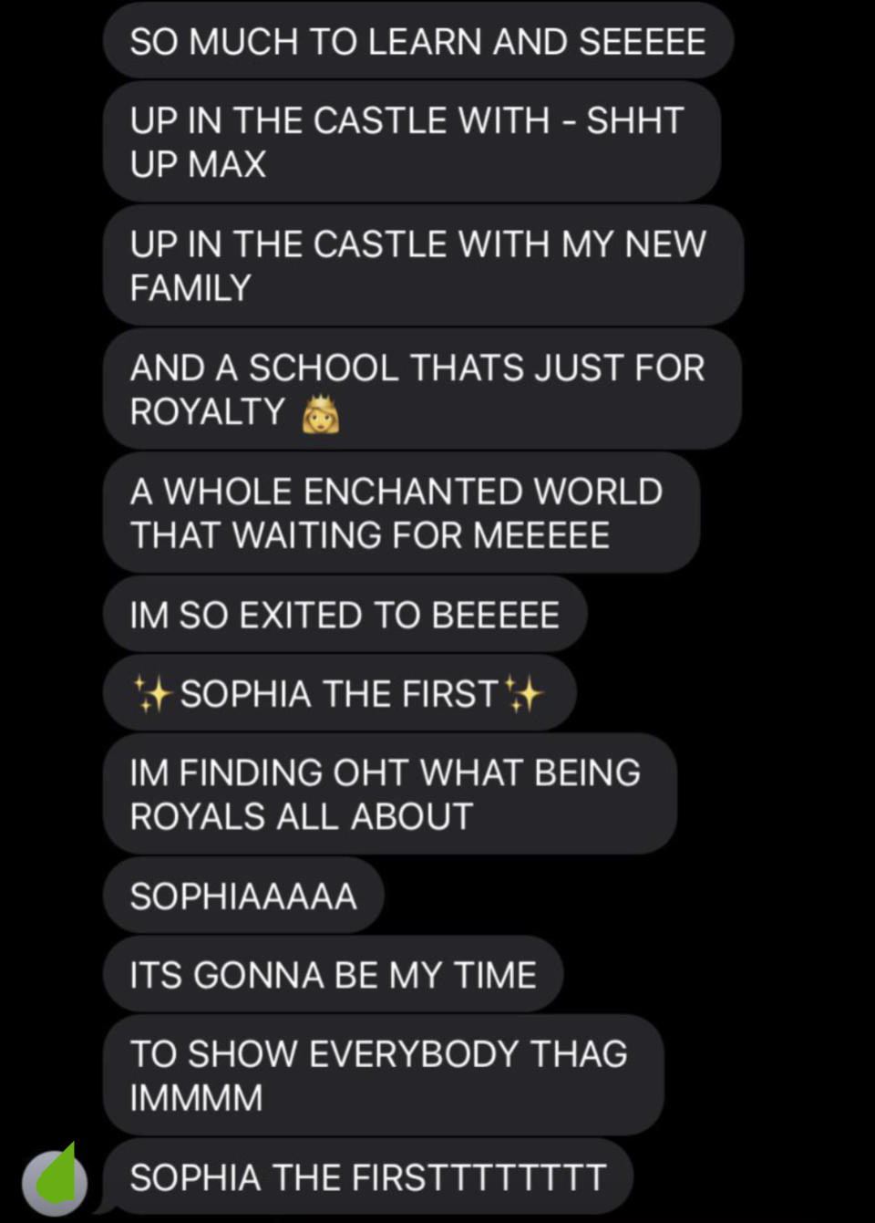 Girl in group chat singing "Sofia the First Theme Song"