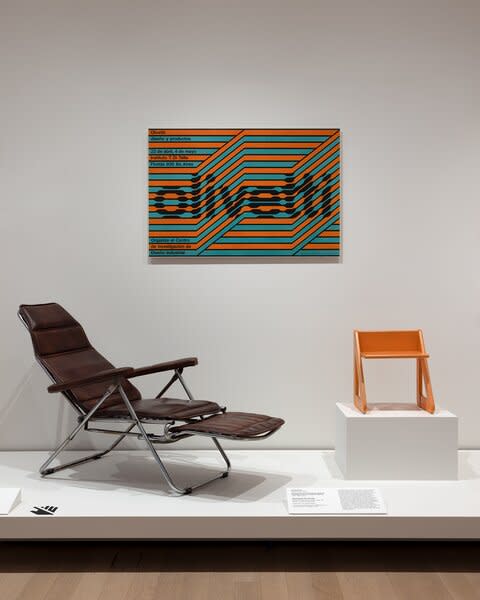 A poster for a 1967 exhibition of products by Italian manufacturer Olivetti by Argentina’s Juan Carlos Distéfano, Ruben Fontana, and Carlos Soler shares a section of the show with Colombian designer Oscar Muñoz’s 1974 Siesta chair and a 1972 chair prototype by German-born designer Gui Bonsiepe.