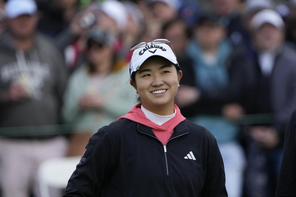 Rose Zhang reacts after making birdie on the 18th hole to win the LPGA Cognizant Founders Cup golf tournament, Sunday, May 12, 2024, in Clifton, N.J. (AP Photo/Seth Wenig)