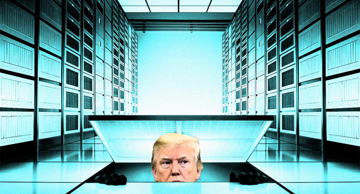 President Donald Trump searches for a computer server. (Photo illustration: Yahoo News; photos: AP, Getty Images)