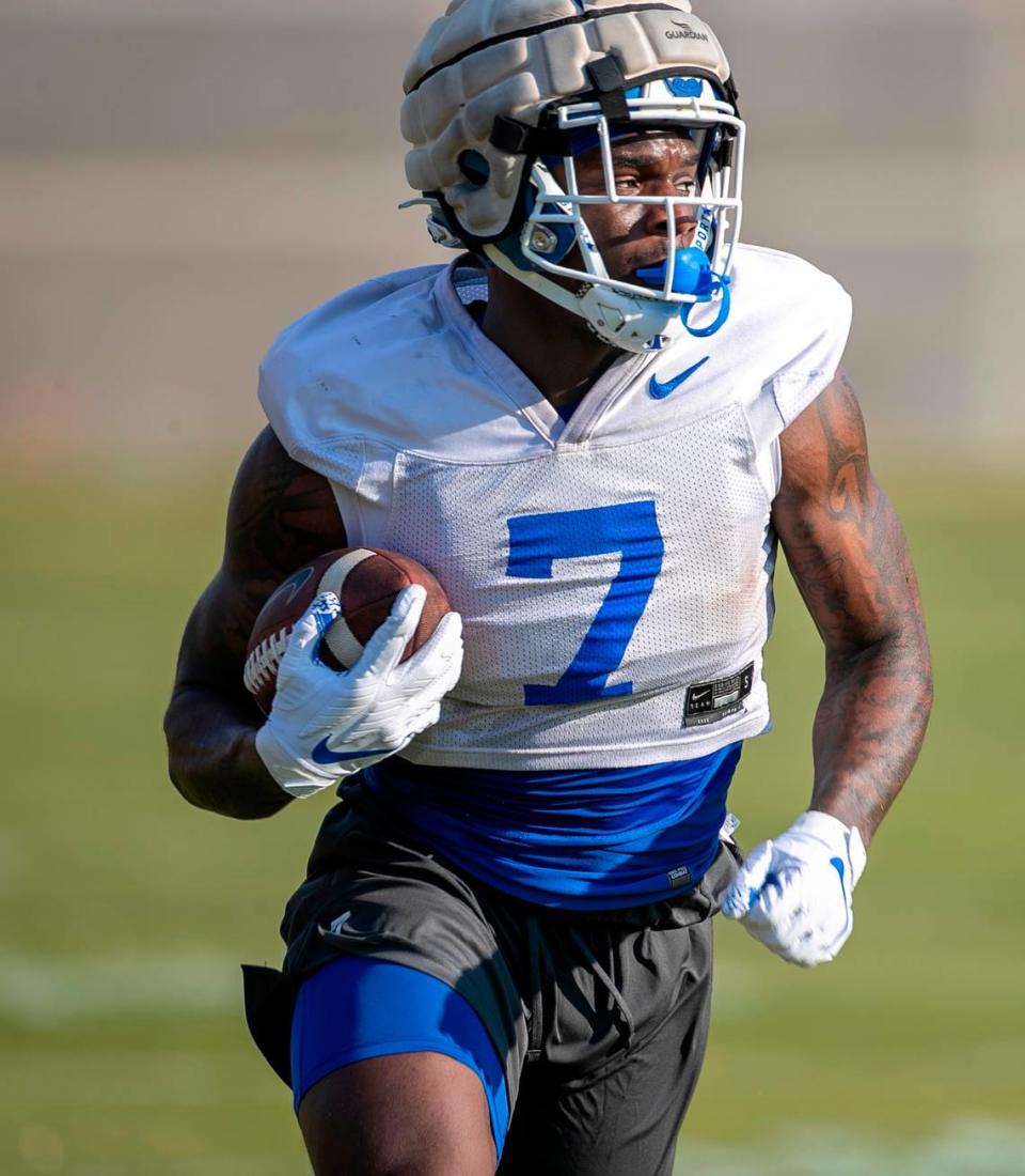 Duke running back Jordan Waters (7) carries the ball during the Blue Devils’ spring practice on Friday, March 24, 2023 in Durham, N.C.