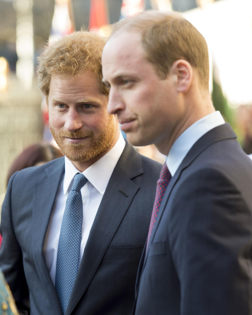 Prince Harry and Prince William, Duke of Cambridge attend the Commonwealth Observance Day Service on March 14, 2016 in London, United Kingdom. The service is the largest annual inter-faith gathering in the United Kingdom and will celebrate the Queen's 90th birthday. Kofi Annan and Ellie Goulding will take part in the service.  (Photo by Mark Cuthbert/UK Press via Getty Images)