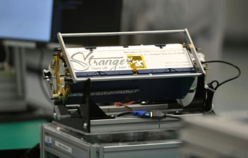 A satellite on display at Planet's manufacturing facility in San Francisco, California on September 11, 2018