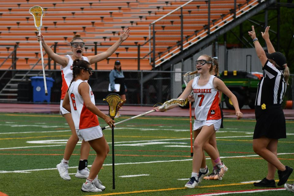 Cherokee junior Delaney Jackson and sophomore Brooke Brown rush over to celebrate after senior Aly Mascolo scored the first goal against Southern