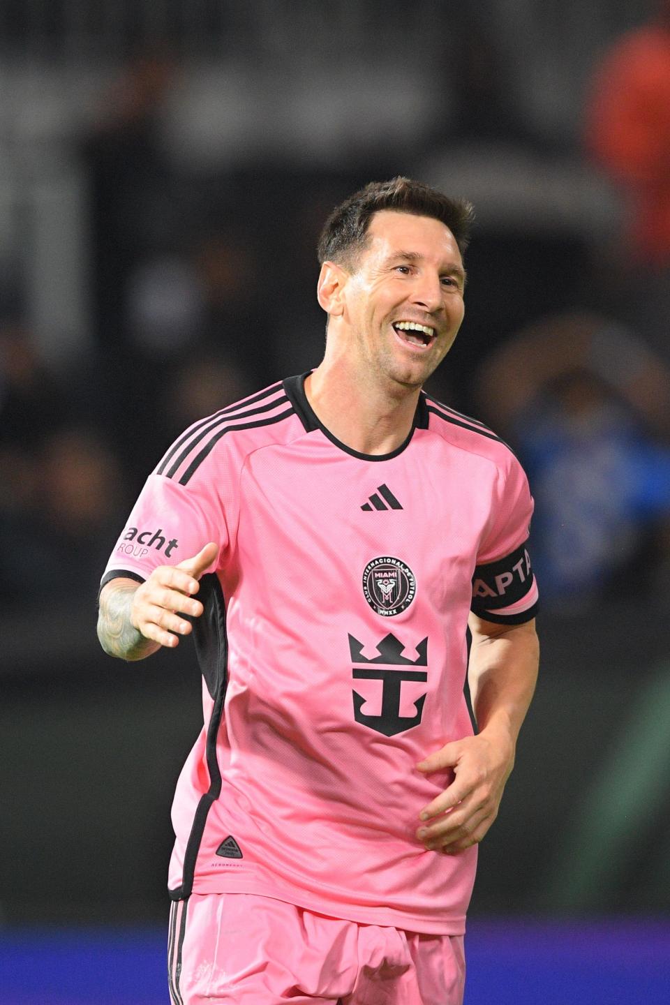 Inter Miami forward Lionel Messi (10) celebrates goal by forward Luis Suarez (not pictured) in the first half against the Al-Hilal SFC on January 29, 2024, at Kingdom Arena in Riyadh, Saudi Arabia.