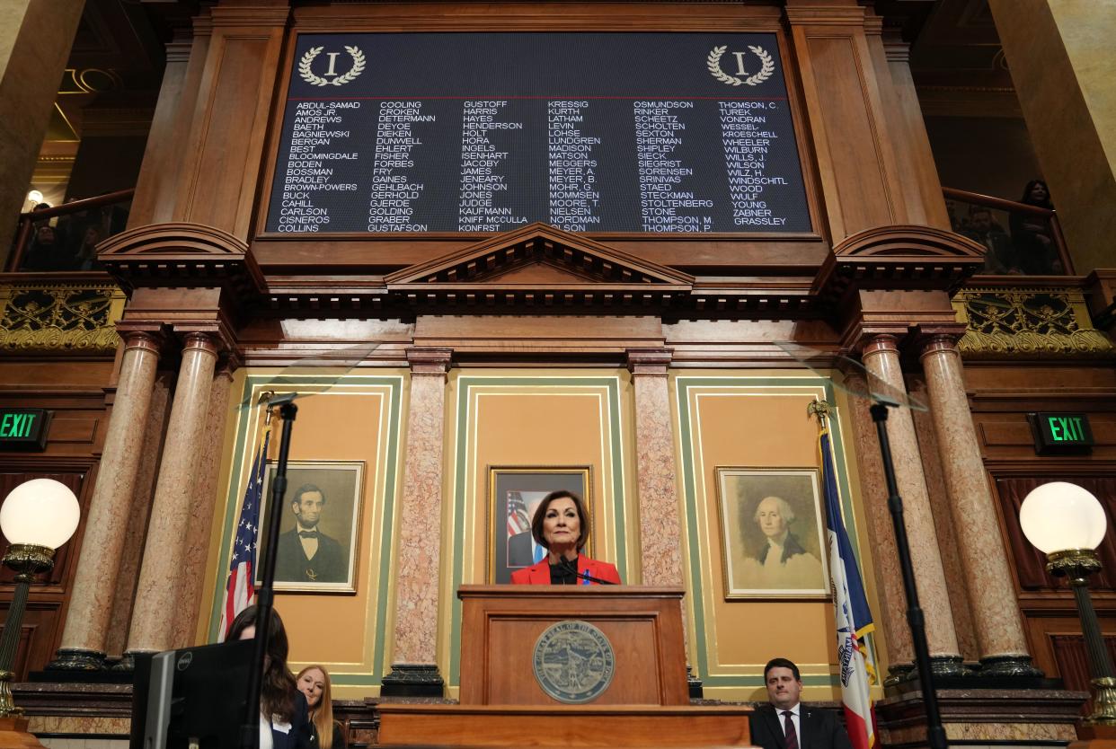 Gov. Kim Reynolds gives the annual Condition of the State address at the Iowa State Capitol, Tuesday, Jan. 9, 2024.