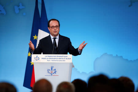 French President Francois Hollande delivers a speech during a ceremony marking the first anniversary of the energy transition law, at the Elysee Palace in Paris, France, July 22, 2016. REUTERS/Thibault Camus/Pool