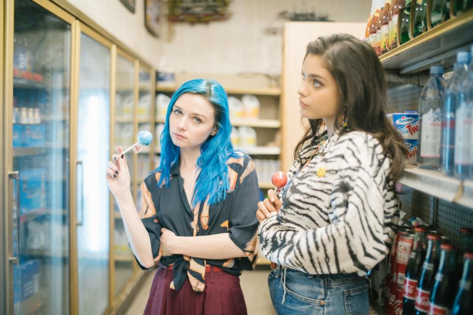 Jessica Barden (left, with Odeya Rush) plays a young woman dealing who's diagnosed with anxiety disorder in coming-of-age film "Pink Skies Ahead."