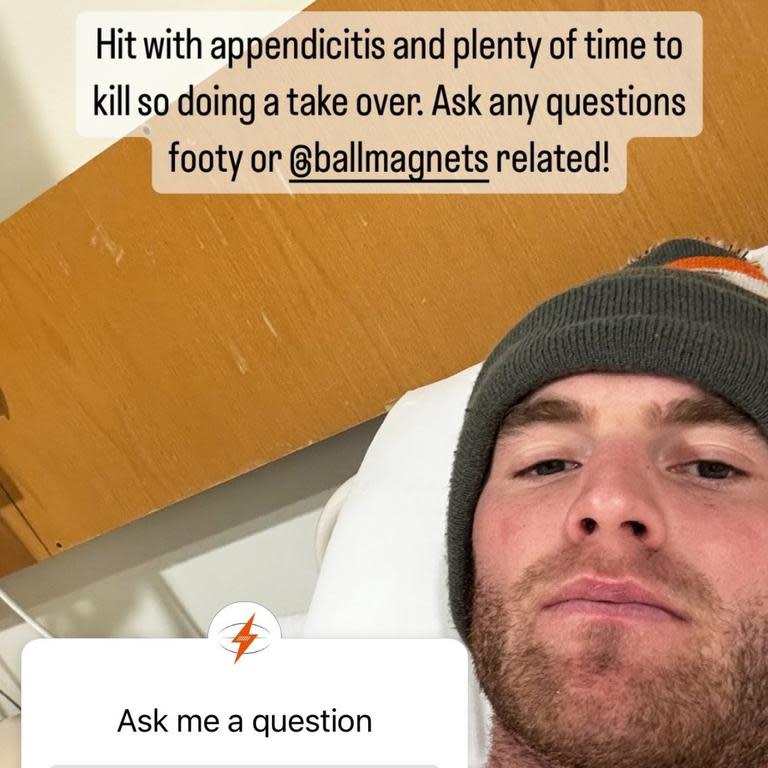 Tom Mitchell revealed he was in hospital with appendicits on Monday morning via the Instagram account for his 'Ball Magnets' business. Picture: Instagram