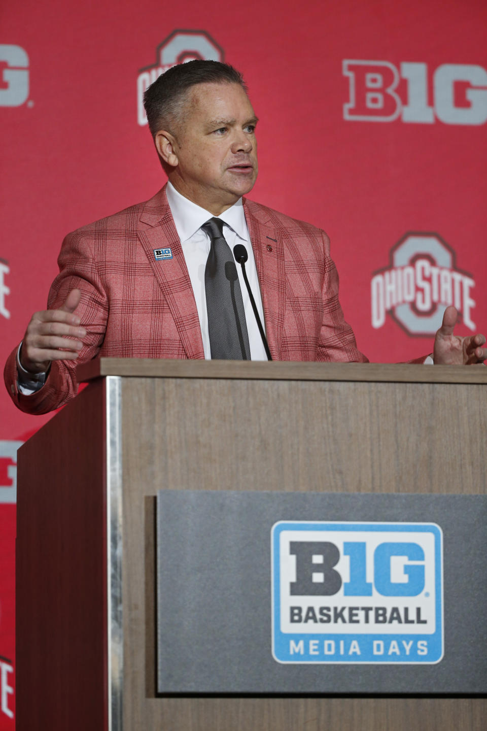 Ohio State men's head coach Chris Holtmann speaks during Big Ten NCAA college basketball Media Days Wednesday, Oct. 12, 2022, in Minneapolis. (AP Photo/Bruce Kluckhohn)