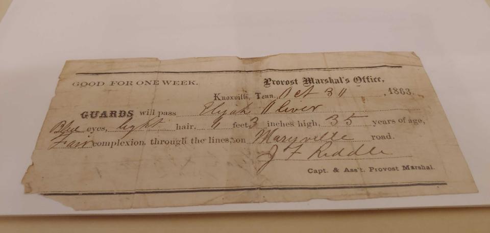 During the American Civil War, when East Tennessee was under control of the Union Army it was necessary to carry a pass such as this one issued by the Union military authority, the provost marshal, in order to prove that a person wasn't a deserter or Confederate spy.