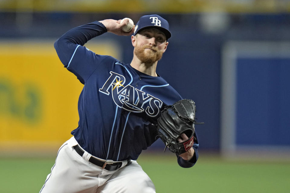 Tampa Bay Rays starting pitcher Drew Rasmussen delivers to the Houston Astros during the first inning of a baseball game Tuesday, April 25, 2023, in St. Petersburg, Fla. (AP Photo/Chris O'Meara)