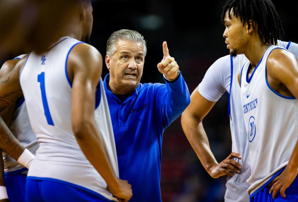 Kentucky head coach John Calipari pointed things out to his team during a timeout during Kentucky basketball's Blue-White scrimmage at Northern Kentucky University on Saturday, Oct. 21, 2023.