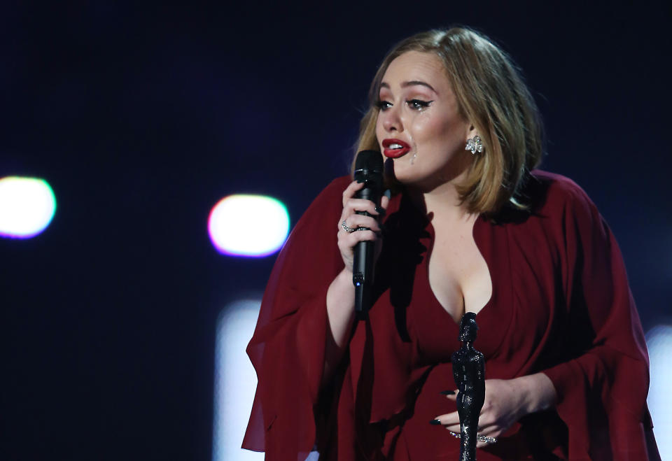 Adele onstage at the Brit Awards 2016 at the 02 Arena in London, Wednesday, Feb. 24, 2016. (Photo by Joel Ryan/Invision/AP)