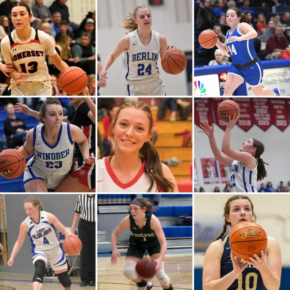 Members of the 2023-24 Daily American Somerset County Girls Basketball All-Star Team include, bottom row, from left, Johnstown Christian's Unity Miller, North Star's Abby Barnick, Turkeyfoot Valley's Maleigha Younkin, middle row, Windber's Mariah Andrews, Rockwood's Mollie Wheatley, Berlin Brothersvalley's Taylor Hillegass, top row, Somerset's Eve Housley, Berlin Brothersvalley's Regan Lauer, Windber's Kaylie Gaye.
