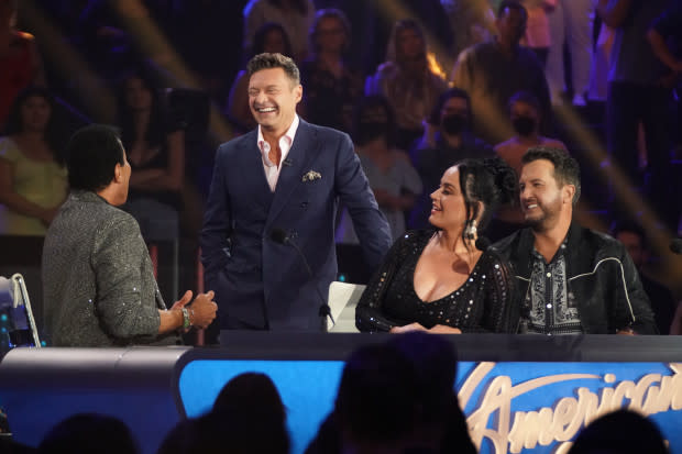 Ryan Seacrest on the set with "American Idol" judges Lionel Richie, Katy Perry and Luke Bryan<p><a href="https://www.gettyimages.com/detail/1240698588" rel="nofollow noopener" target="_blank" data-ylk="slk:Eric McCandless/Getty Images;elm:context_link;itc:0" class="link ">Eric McCandless/Getty Images</a></p>