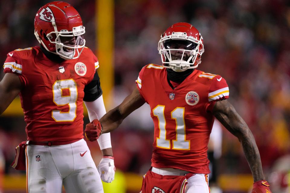 Kansas City Chiefs wide receiver Marquez Valdes-Scantling (11) celebrates his catch against the Cincinnati Bengals during the first half of the NFL AFC Championship playoff football game, Sunday, Jan. 29, 2023, in Kansas City, Mo. (AP Photo/Jeff Roberson)