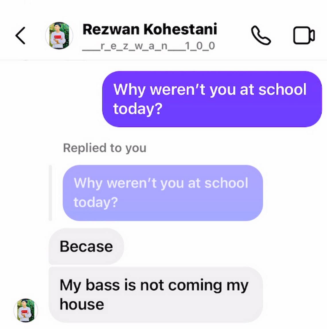 Instagram direct messages between Rezwan and a classmate