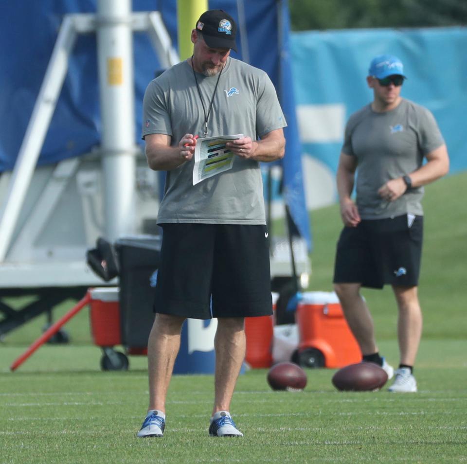 Detroit Lions head coach Dan Campbell on the field during training camp at team headquarers in Allen Park on Friday, July 28, 2023.