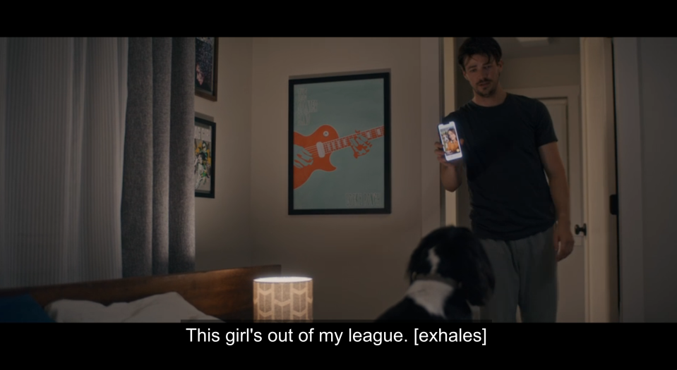 grant gustin in puppy love showing phone to dog, says 'this girl's out of my league' and exhales