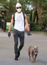 <p>Another day, another dog walk for Justin Theroux, who leads his dog in New York City on Monday.</p>