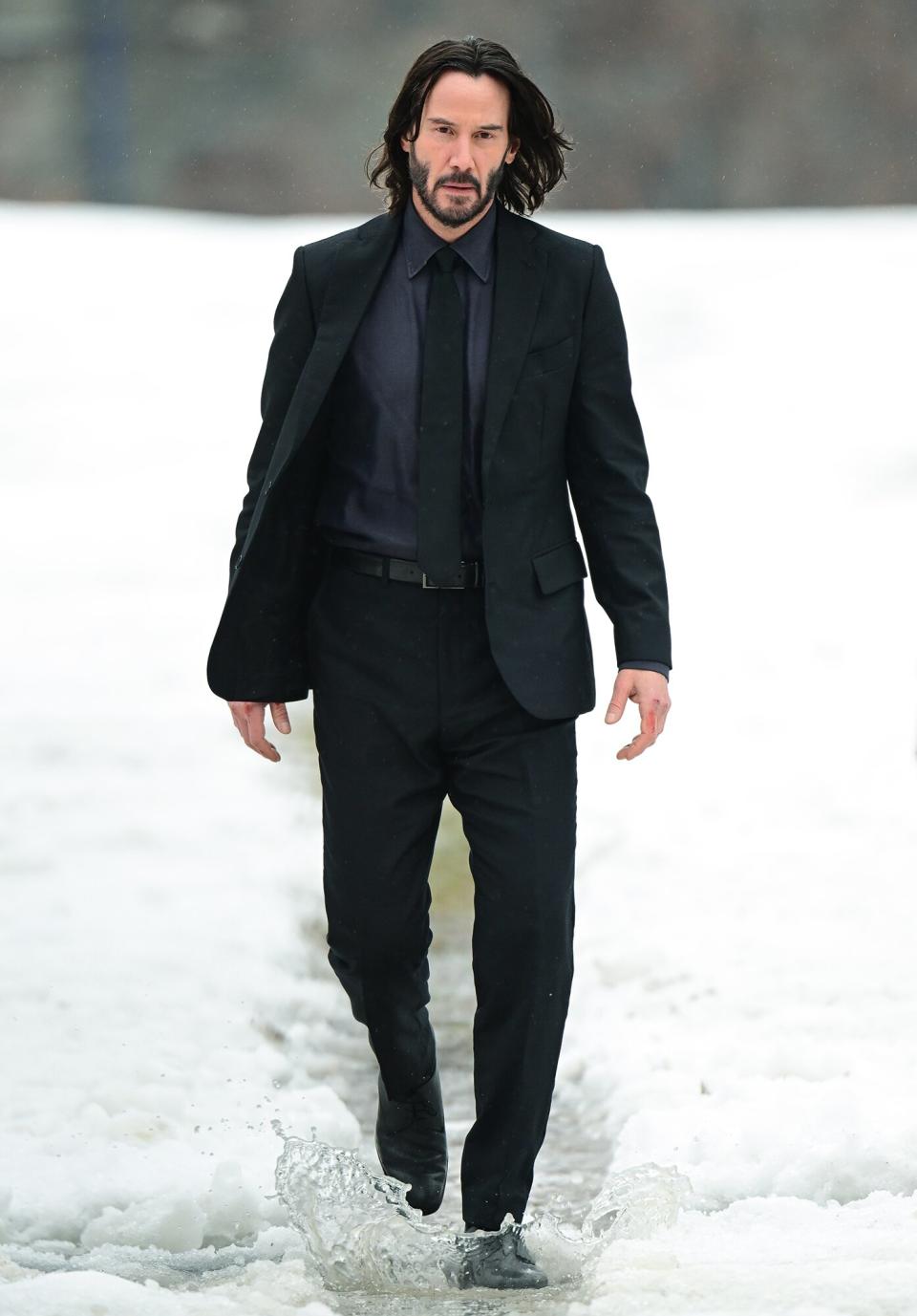 Keanu Reeves is seen filming on location for 'John Wick 4' on Roosevelt Island on February 03, 2022 in New York City