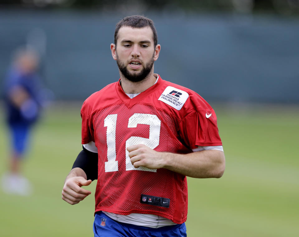 Indianapolis Colts quarterback Andrew Luck is still rehabbing from shoulder surgery in March of 2017. (AP)