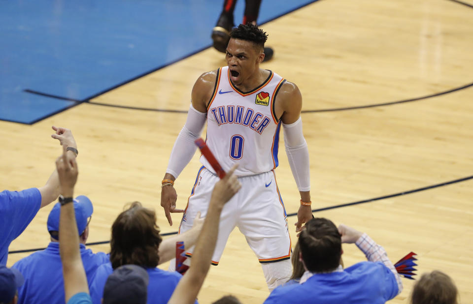 Oklahoma City Thunder guard Russell Westbrook (0) celebrates after scoring against the Portland Trail Blazers in the first half of Game 4 of an NBA basketball first-round playoff series Sunday, April 21, 2019, in Oklahoma City. (AP Photo/Alonzo Adams)