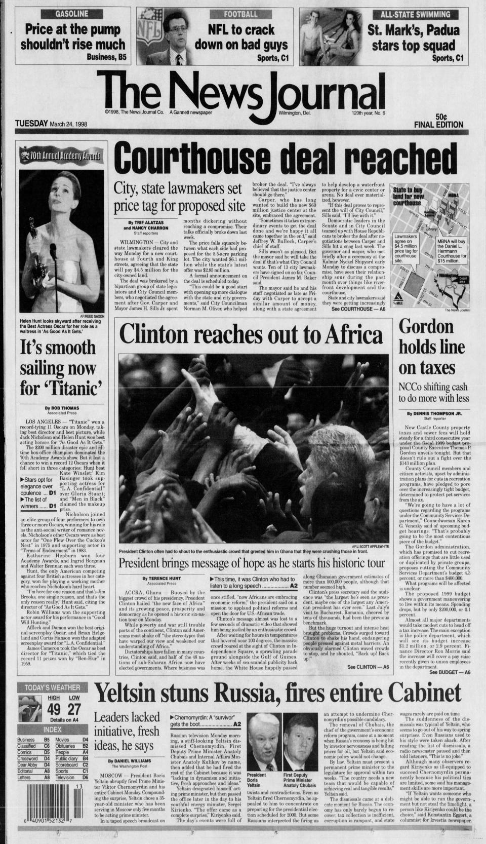 Front page of The News Journal from March 24, 1998.