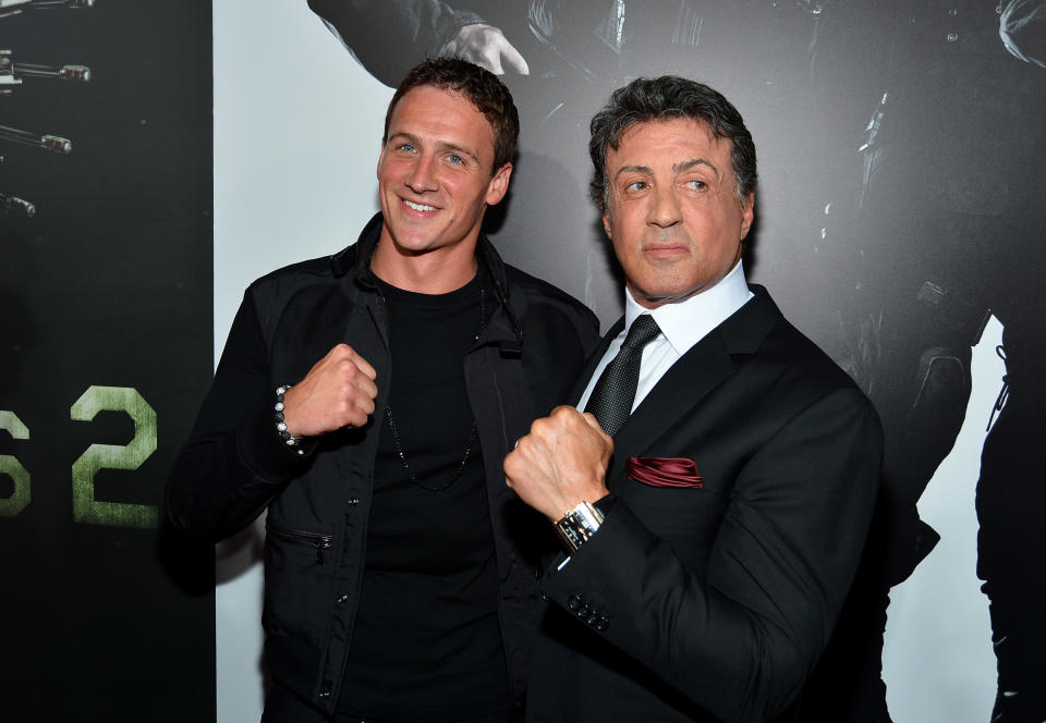 Olympic Swimmer Ryan Lochte and Sylvester Stallone at the Los Angeles premiere of "the Expendables 2" on Auguest 15, 2012.