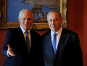 Israeli Prime Minister Benjamin Netanyahu (R) and Australian Prime Minister Malcolm Turnbull arrive at their bilateral meeting at Admiralty House in Sydney, Australia, February 22, 2017. REUTERS/Jason Reed