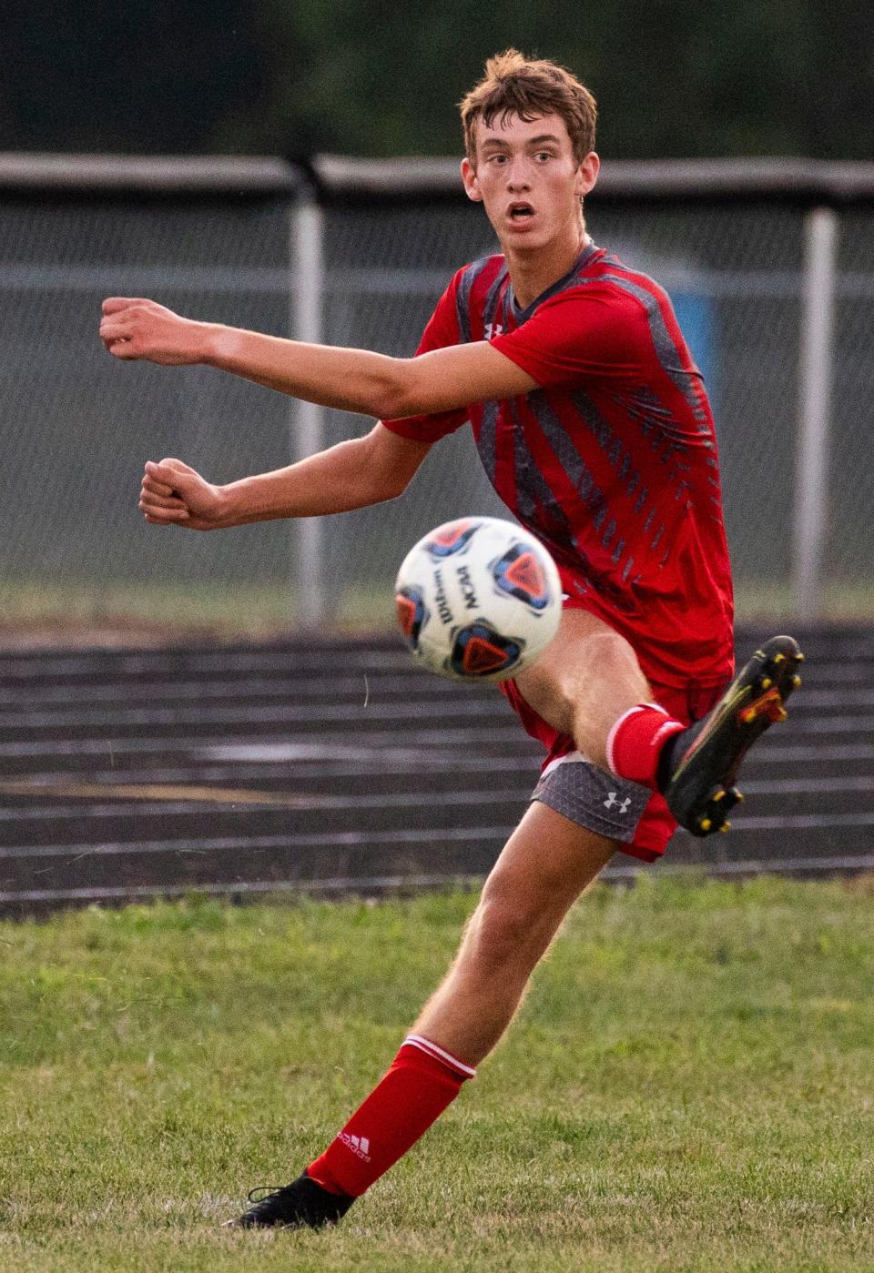 Westfall's Henry Barnes (11) kicks the ball down the field as Westfall took on Miami Trace in varsity boys soccer action at Westfall High School on Aug. 25, 2022 in Williamsport, Ohio.