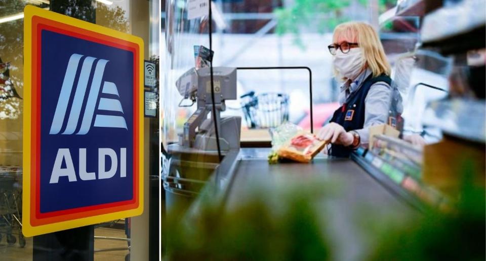 Aldi cashier scans groceries at checkout