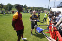 Roma's Tammy Abraham talks with journalists after training during a media day ahead of the Europa League soccer final, at the Trigoria training centre, in Rome, Thursday, May 25, 2023. Roma will play an Europa League final against Sevilla in Budapest, Hungary, next Wednesday, May 31. (AP Photo/Andrew Medichini)