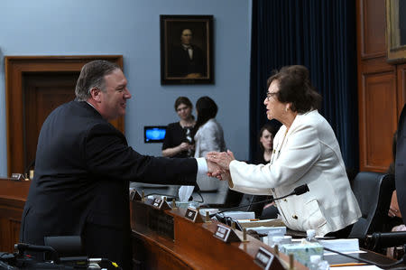 U.S. Secretary of State Mike Pompeo greets House Appropriations Subcommittee Chairwoman Nita Lowey (D-NY) after testifying at a hearing on the State Department's budget request for 2020 in Washington, D.C., U.S. March 27, 2019. REUTERS/Erin Scott