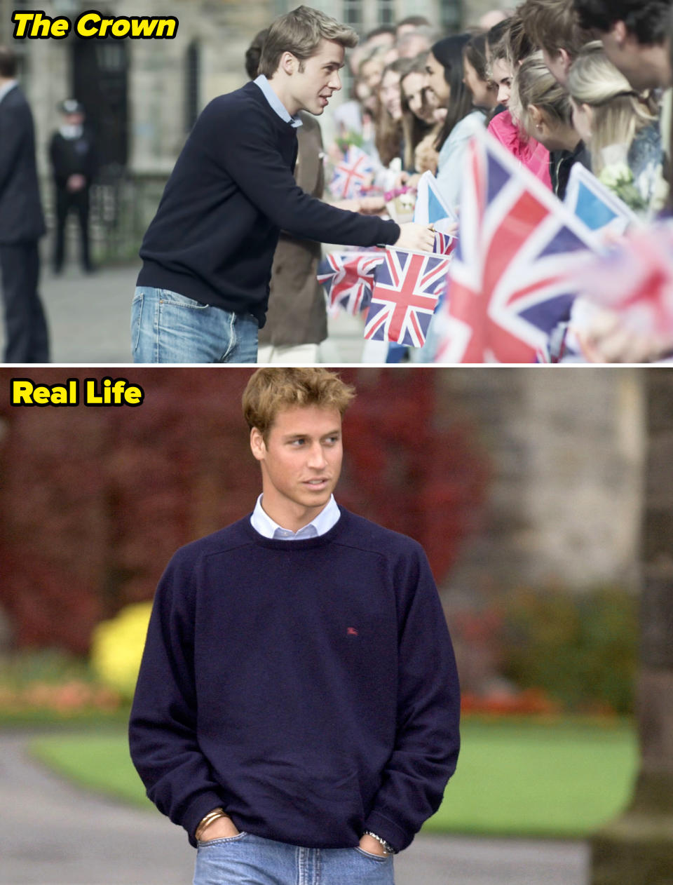 Side-by-sides of Prince William in "The Crown" vs. real life