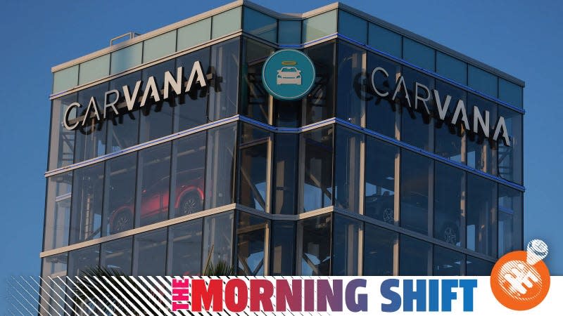 A photo of the Carvana glass tower of cars with The Morning Shift banner along the bottom. 