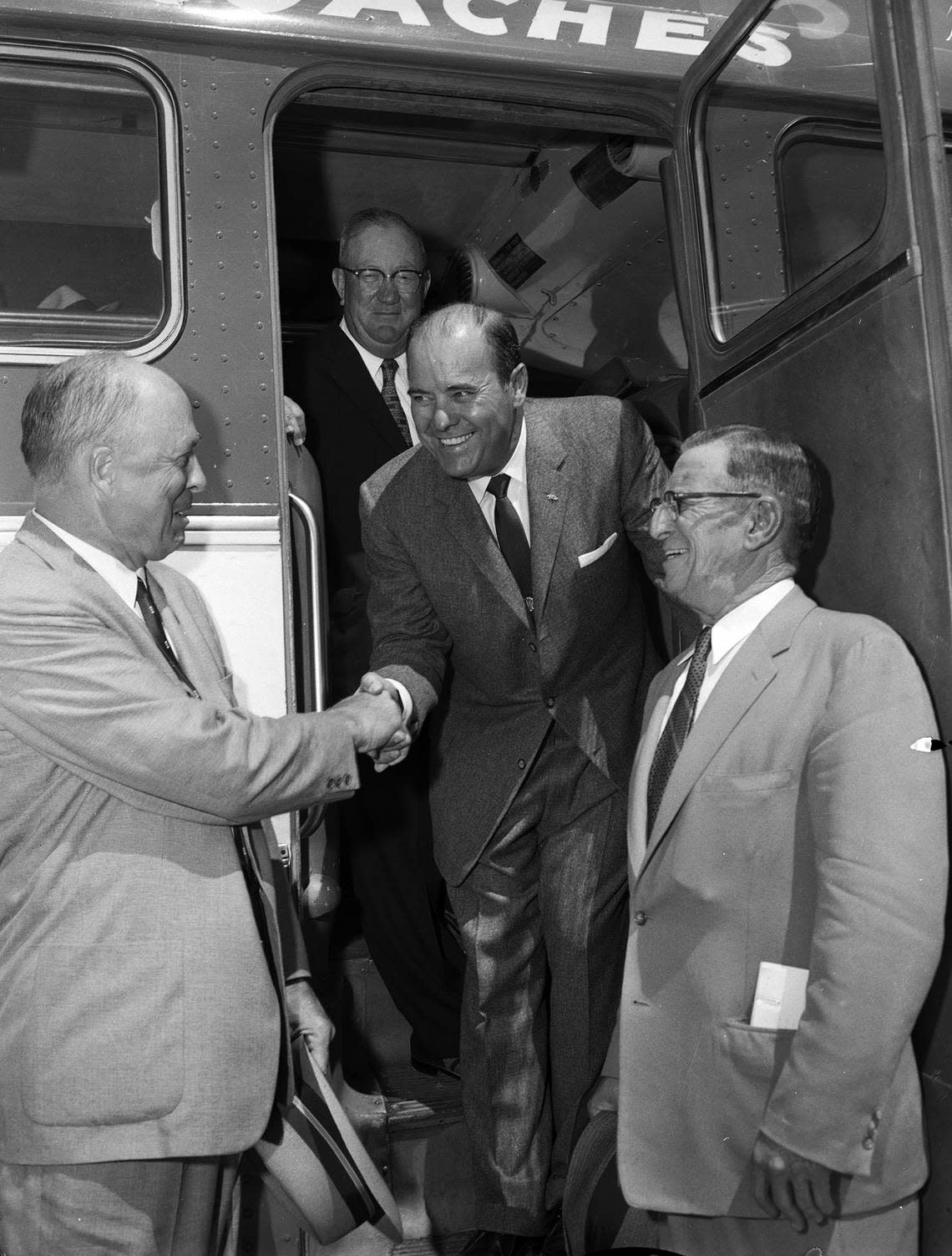 Sept. 5, 1957: During the Dallas-Fort Worth Turnpike dedication, Fort Worth Mayor Tom McCann is greeted by businessman J.E. Jonsson, left, who was president of Texas Instruments and the Dallas Chamber of Commerce; oilman Arch Rowan, rear, who was vice president of the turnpike authority; and J. Ben Crites, right, vice president and executive manager of the Dallas chamber.